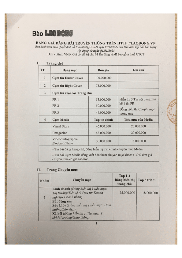 báo giá pr laodong.vn 2023